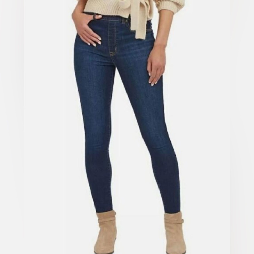 SPANX Sz L Pull On Skinny Jeggings Dark Wash Stretchy Blue Jeans